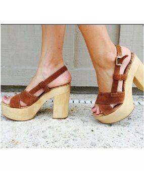 Sam Edelman Mae Saddle Suede Leather Wooden Chunky Platform Sandal Heel 8